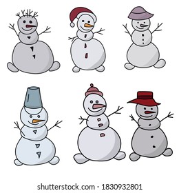 Set of cute snowmen with different hats, positive winter characters with carrot noses, vector illustration for design and creativity