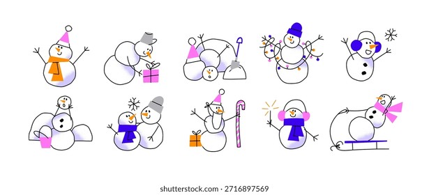 Set of cute snowmen in doodle style. Funny snow characters on winter holidays. Happy cartoons of Christmas with snowflakes, sledge and sparklers. Flat isolated vector illustrations on white background