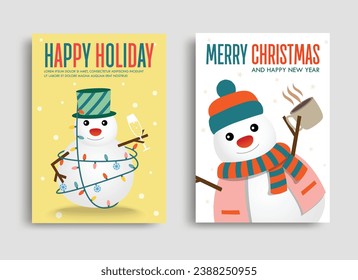Set of Cute snowmen drinks champagne and coffee, flyer for the Christmas season, and Happy Holiday, Vector illustration. 