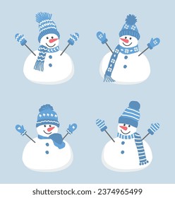 Set of cute snowmen. Four different snowmen in beautiful winter blue clothes. Greeting card template. Vector illustration