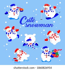 Set of cute snowmen in a hat, mittens on a blue background in a flat style, cartoon. Cheerful snowmen on winter New Year's holidays.