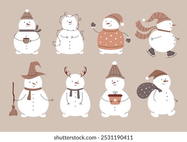 Set of cute snowmen in hat, sweater, with gift, broom, garland, on skates, coffee, deer antlers. Hand drawn flat vector illustration in beige palette