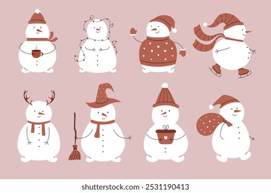 Set of cute snowmen in hat, sweater, with gift, broom, garland, on skates, coffee, deer antlers. Hand drawn flat vector illustration