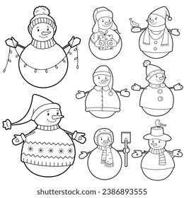 Set of cute snowmen in hats and scarves. Suitable for anti-stress and children's coloring books