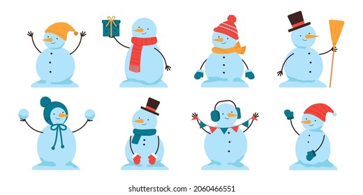 Set of cute snowmen isolated on a white background. Vector illustration in flat style