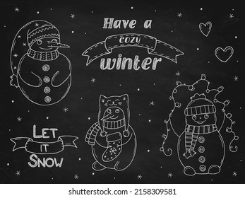 Set of cute snowmen on a black chalk board. Vector illustration in doodle style. Winter mood. Hello 2023. Merry Christmas and Happy New Year. 