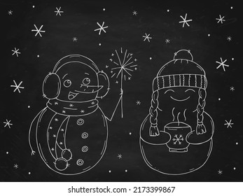 Set of cute snowmen on a black chalk board. Vector illustration in doodle style. Winter mood. Hello 2023. Merry Christmas and Happy New Year. 
