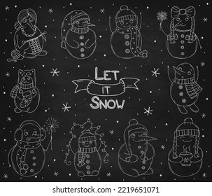 Set of cute snowmen on a black chalk board. Vector illustration in doodle style. Winter mood. Hello 2023. Merry Christmas and Happy New Year. 