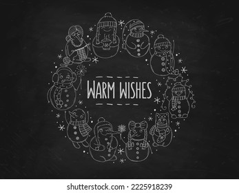 Set of cute snowmen on a black chalk board. Vector illustration in doodle style. Winter mood. Hello 2023. Merry Christmas and Happy New Year. 