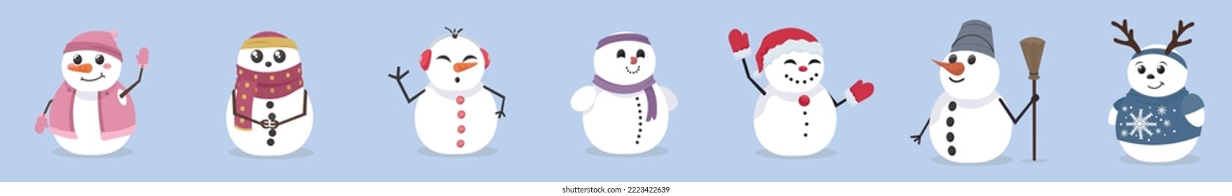 Set of cute snowmen on light blue background