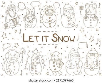 Set of cute snowmen on a white background. Vector illustration in doodle style. Winter mood. Hello 2023. Merry Christmas and Happy New Year. 