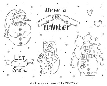 Set of cute snowmen on a white background. Vector illustration in doodle style. Winter mood. Hello 2023. Merry Christmas and Happy New Year. 