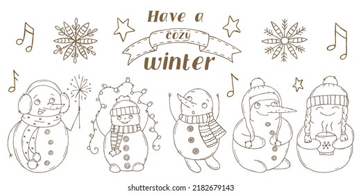 Set of cute snowmen on a white background. Vector illustration in doodle style. Winter mood. Hello 2023. Merry Christmas and Happy New Year. 