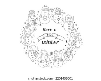 Set of cute snowmen on a white background. Vector illustration in doodle style. Winter mood. Hello 2023. Merry Christmas and Happy New Year. 
