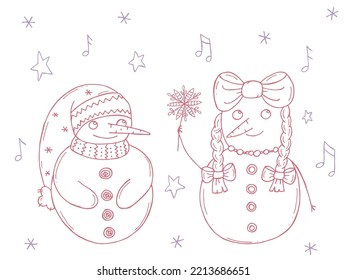 Set süße Schneemänner auf weißem Hintergrund. Vektorgrafik im Doodle-Stil. Winterstimmung. Hallo 2023. Frohe Weihnachten und glückliches neues Jahr. 
