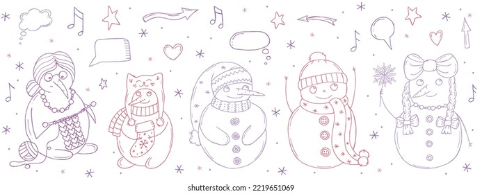 Set of cute snowmen on a white background. Vector illustration in doodle style. Winter mood. Hello 2023. Merry Christmas and Happy New Year. 