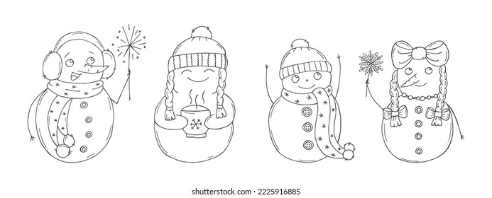 Juego de lindos hombres de nieve sobre un fondo blanco. Ilustración vectorial en estilo doodle. Ánimo de invierno. Hola 2023. Feliz Navidad y Feliz Año Nuevo. 