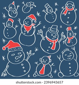 Set of cute snowmen for postcard stock illustration