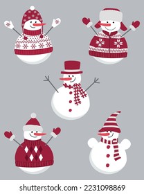 Set of cute snowmen. There are five different snowmen in beautiful winter clothes in the picture. Can be used as a template for a greeting card.  Vector illustration