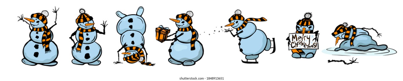 A set of cute snowmen. Vector illustration