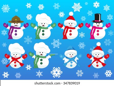 Set of cute snowmen wearing different hats and scarfs. Vector isolated on gradient blue background with snowflakes. Collection for page and web decor or other design.