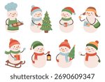 Set of cute snowmen in winter clothes with gifts, cookies and Christmas trees. Festive holiday illustration in flat style.