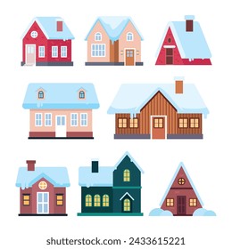 Set of Cute Snowy Suburban House set collection, Blue Rural Winter Cottage Vector Illustration, snowy house outside interior with building for facade landscape home cityscape cartoon.