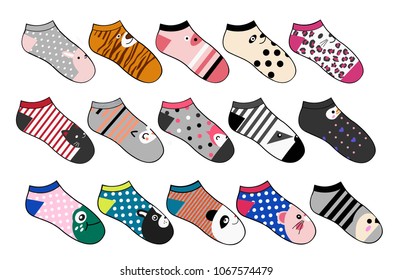 Set of Cute Socks with animal face.Vector Illustrations. 