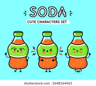 Set of cute soda characters with different emotions on a bright blue background.