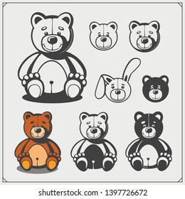 Set of cute soft plush animal toys. Teddy and rabbit. Vector illustration.