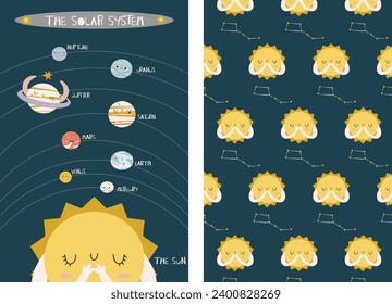 Set of cute solar system poster and vector pattern with sun and constelletion. Cute print for fabric or wallpaper. 