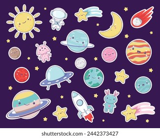 Set of cute solar system stickers with planets, moon, sun, stars, asteroid, space ship, alien ship, aliens, astronaut. Editable stroke vector illustration set. Kawaii childish space elements.