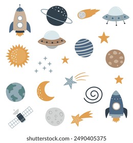 Set of cute space elements with planets, stars, rocket. Vector illustration. Scandinavian style flat design.