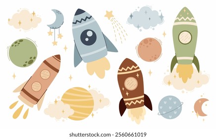 Set of cute space elements. Rockets, planets, clouds, stars, moon. Flat vector illustration.