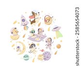 A set of cute space illustrations. Astronauts, rocket, cute cat and dog, duck, planets. Print, sublimation