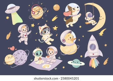 A set of cute space illustrations. Astronauts, rocket, cute cat and dog, duck, alien and planets.