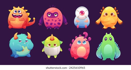 Set of cute space monsters with big eyes in gradient colors. Vector illustration, print for children about space and galaxy