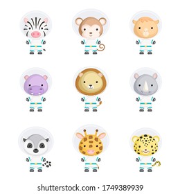 Set of cute spacemen animals. Adorable animals characters for design of album, scrapbook, card, poster, invitation. Flat cartoon colorful vector illustration.