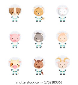 Set of cute spacemen animals. Adorable animals characters for design of album, scrapbook, card, poster, invitation. Flat cartoon colorful vector illustration.