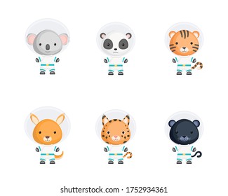 Set of cute spacemen animals. Adorable animals characters for design of album, scrapbook, card, poster, invitation. Flat cartoon colorful vector illustration.