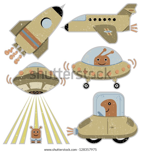 Set of cute spaceships and transportation vehicles\
in retro style
