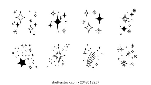 Set of cute sparkle doodle element vector. Hand drawn doodle style collection of different sparkle, firework, stars. Illustration design for print, cartoon, card, decoration, sticker, icon.