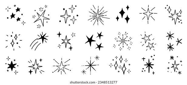 Set of cute sparkle doodle element vector. Hand drawn doodle style collection of different sparkle, firework, stars. Illustration design for print, cartoon, card, decoration, sticker, icon.