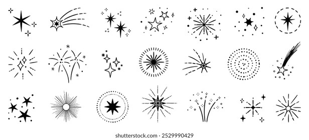 Set of cute sparkle doodle element vector. Hand drawn doodle collection of different sparkle, firework, starburst. Illustration design for print, cartoon, card, decoration, sticker, icon.