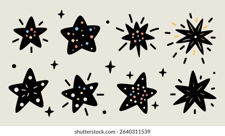 Set of cute sparkle and star doodles in black silhouette style. Ideal for decorative projects, scrapbooking, kids crafts, stickers, and digital prints. Fun and minimal star icons.
