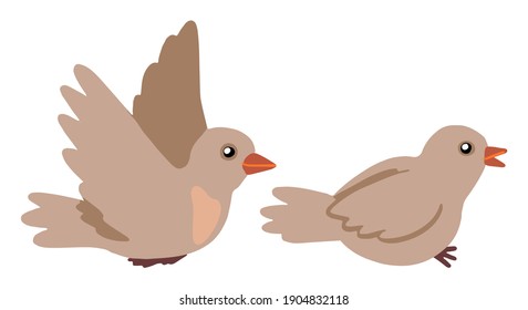 Set of cute sparrows isolated on white background. Hand drawn vector stock illustrations. Colored cartoon doodles. Drawing of flying and sitting bird. Element for design, postcard, print, stickers etc