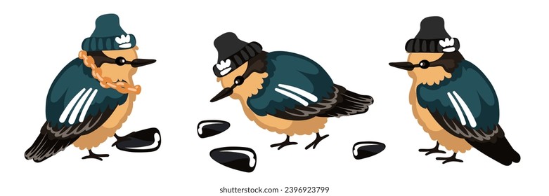 A set of cute sparrows in a sports uniform with seeds. Funny cartoon illustration of small birds. Gold chain, hat, sports patches on the wings. City dwellers, a dangerous bird. A fun collection