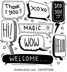 Set of cute speech bubble in doodle style isolated on white background, Vector hand drawn set speech bubble theme. Vector illustration