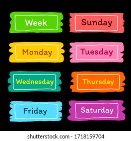 set of cute speech bubble with the name of day in a week, Sunday, Monday, Tuesday, Wednesday, Thursday, Friday, Saturday, colorful sticker in flat design for short message, label, or tag