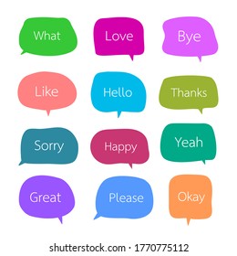 set of cute speech bubble with short message, hand drawn colorful sticker for chat symbol, label, tag or dialog word